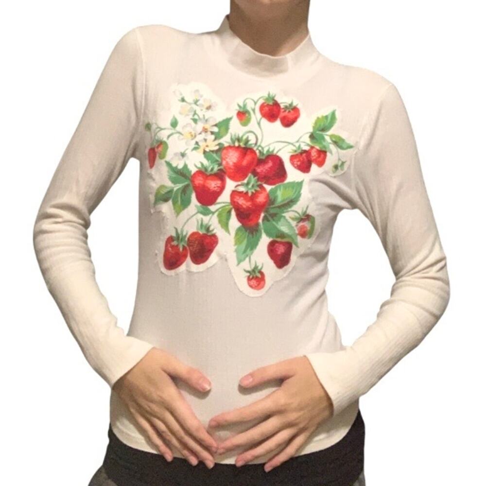 Free People White Mockneck Strawberry Patchwork Top Medium